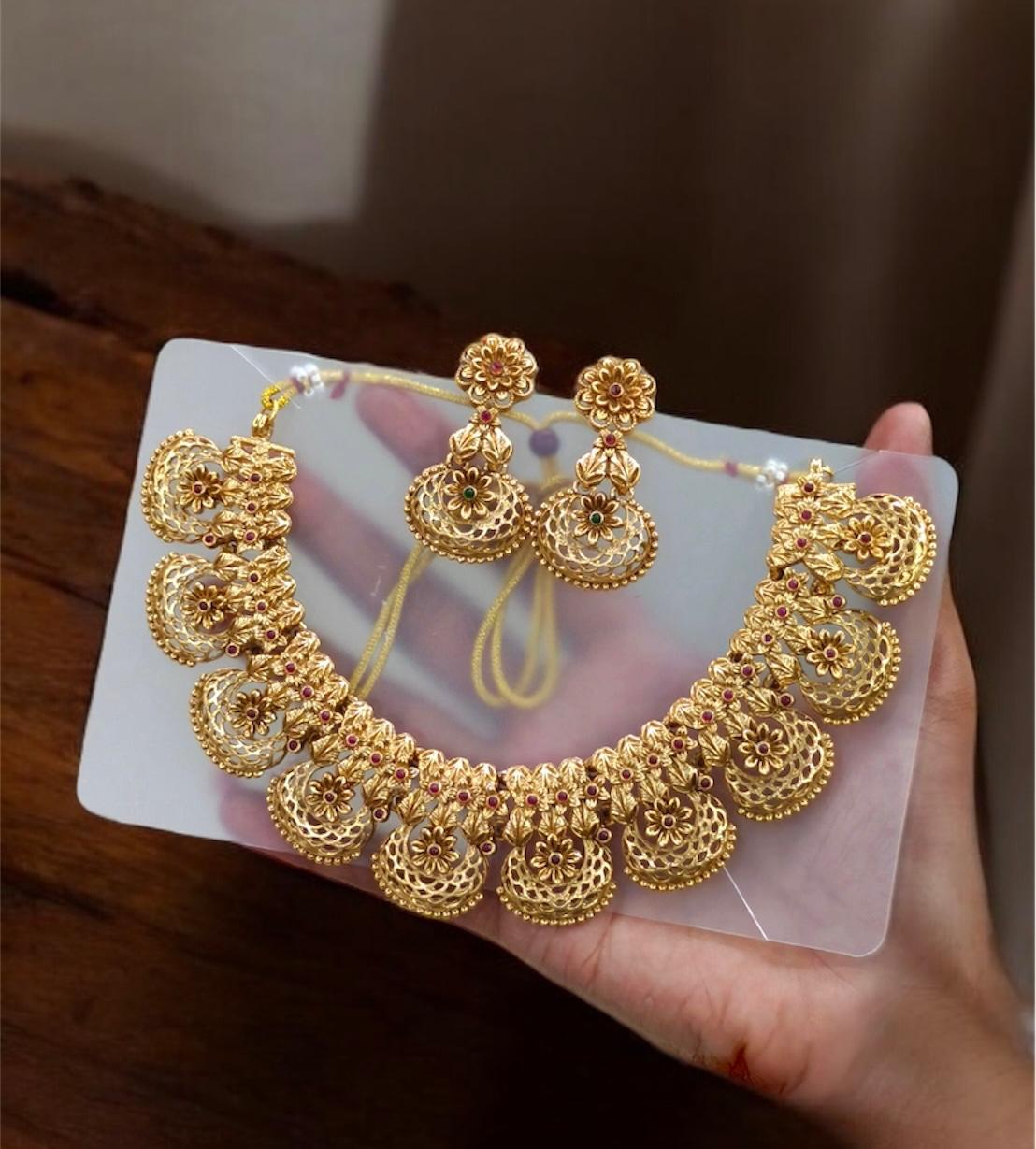 Traditional Floral Necklace & Earrings Set for Women | Gold-Plated Antique Style Chandbali Design Jewellery