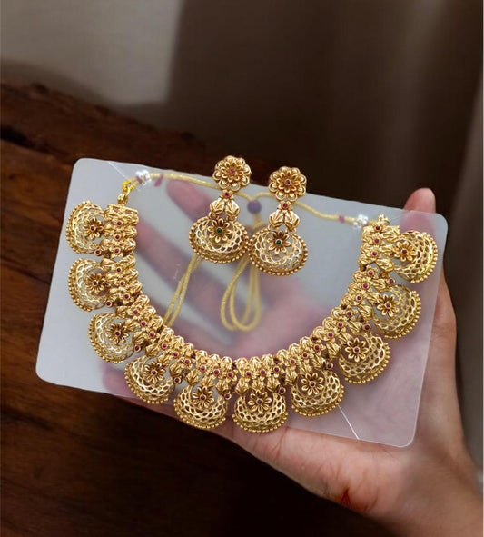 Traditional Floral Necklace & Earrings Set for Women | Gold-Plated Antique Style Chandbali Design Jewellery