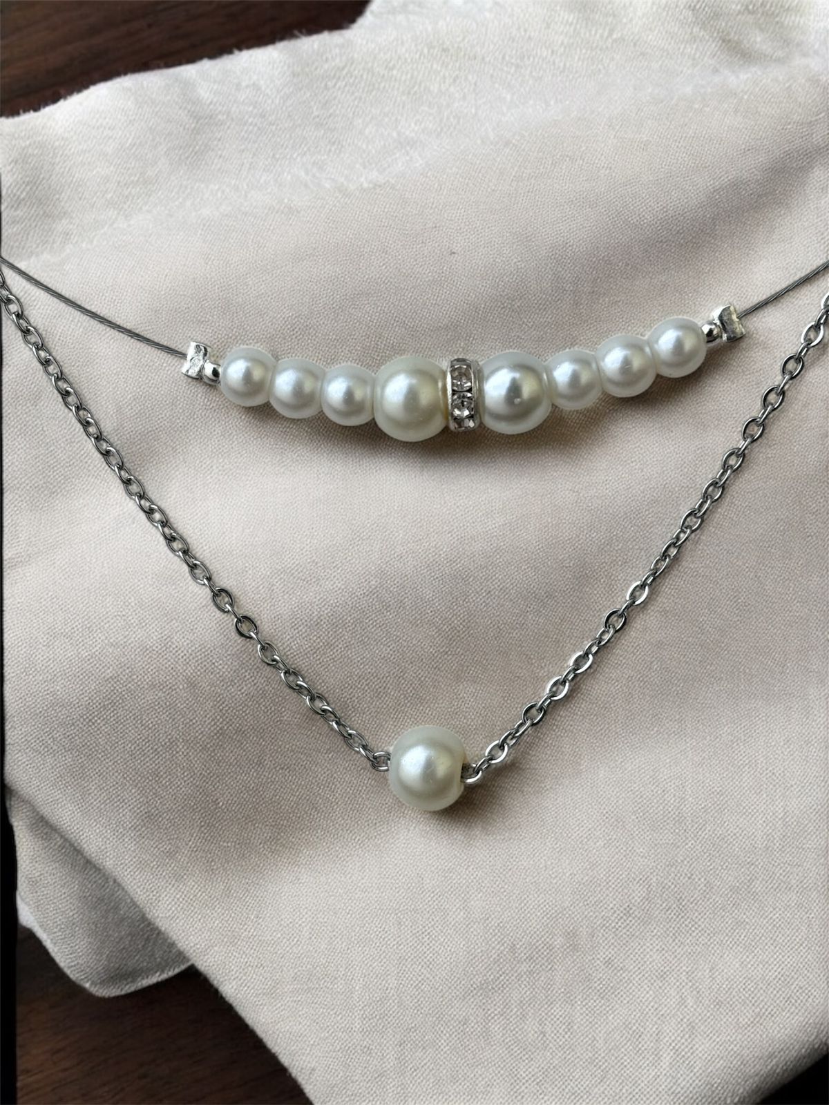 Elegant Double Layer Pearl Necklace, Very thin stainless steel Chain Rhodium plated with Crystal Accent, White Pearls | Anti tarnish, Rust proof | perfect western collection