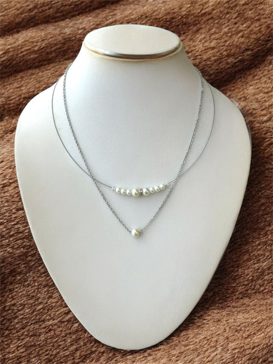Elegant Double Layer Pearl Necklace, Very thin stainless steel Chain Rhodium plated with Crystal Accent, White Pearls | Anti tarnish, Rust proof | perfect western collection