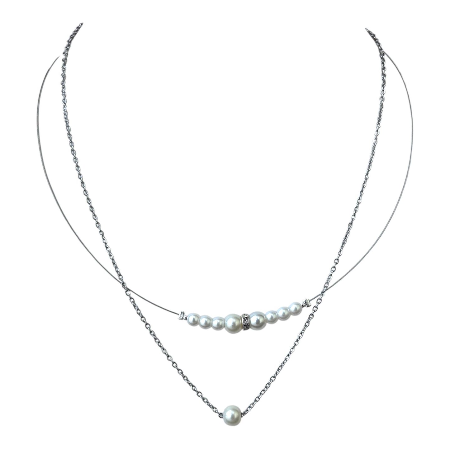 Elegant Double Layer Pearl Necklace, Very thin stainless steel Chain Rhodium plated with Crystal Accent, White Pearls | Anti tarnish, Rust proof | perfect western collection
