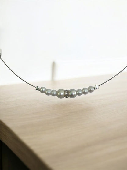 Elegant Pearl Invisible Necklace with Crystal Accent, Silver Tone Wire Chain | Western invisible necklace with silver tone