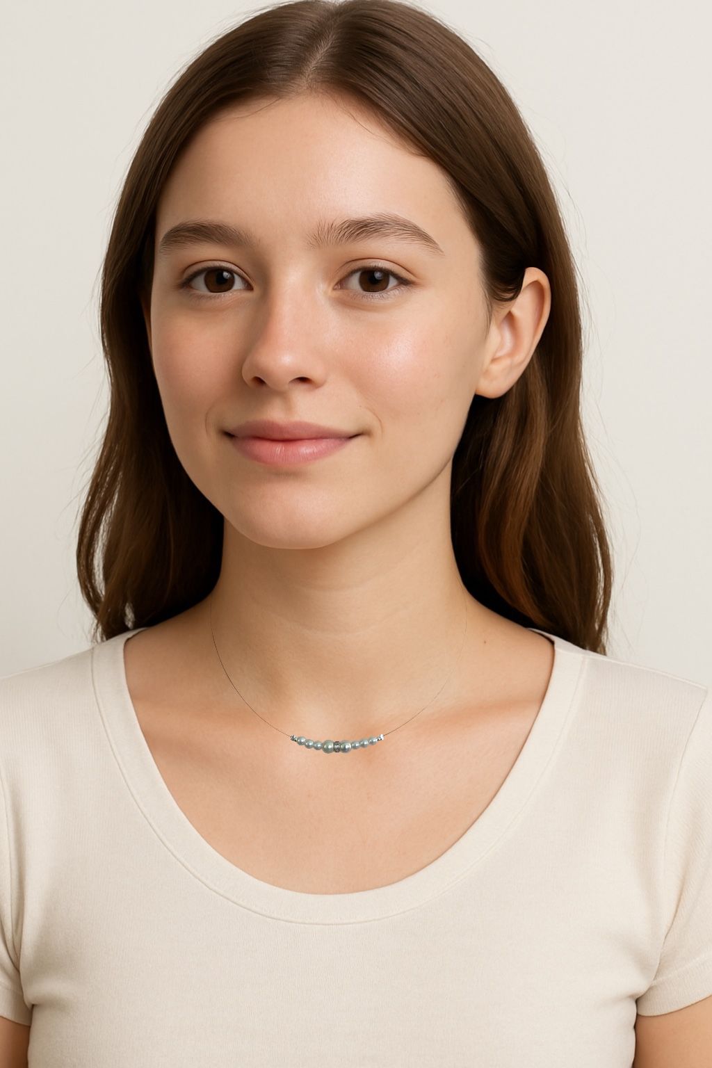 Elegant Pearl Invisible Necklace with Crystal Accent, Silver Tone Wire Chain | Western invisible necklace with silver tone