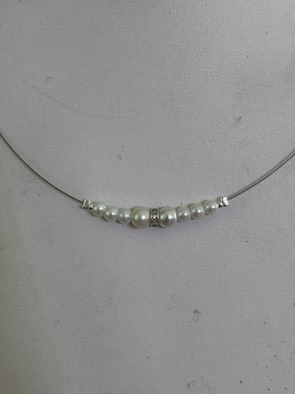 Elegant Pearl Invisible Necklace with Crystal Accent, Silver Tone Wire Chain | Western invisible necklace with silver tone