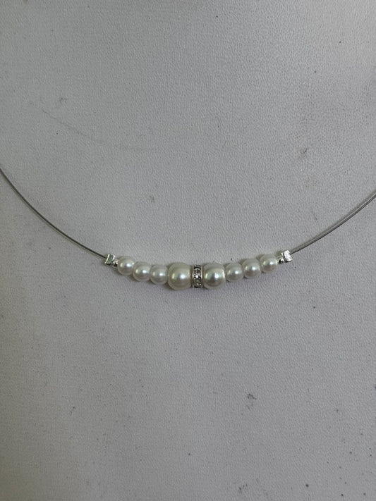 Elegant Pearl Invisible Necklace with Crystal Accent, Silver Tone Wire Chain | Western invisible necklace with silver tone