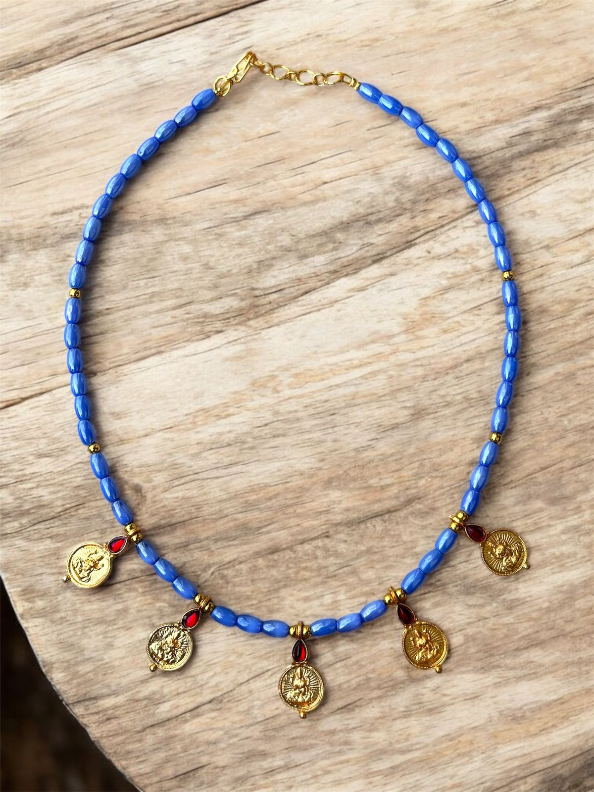 Blue Beaded Necklace with Gold Coin Charms – Handmade Lightweight Jewelry for Women, Traditional & Boho Style