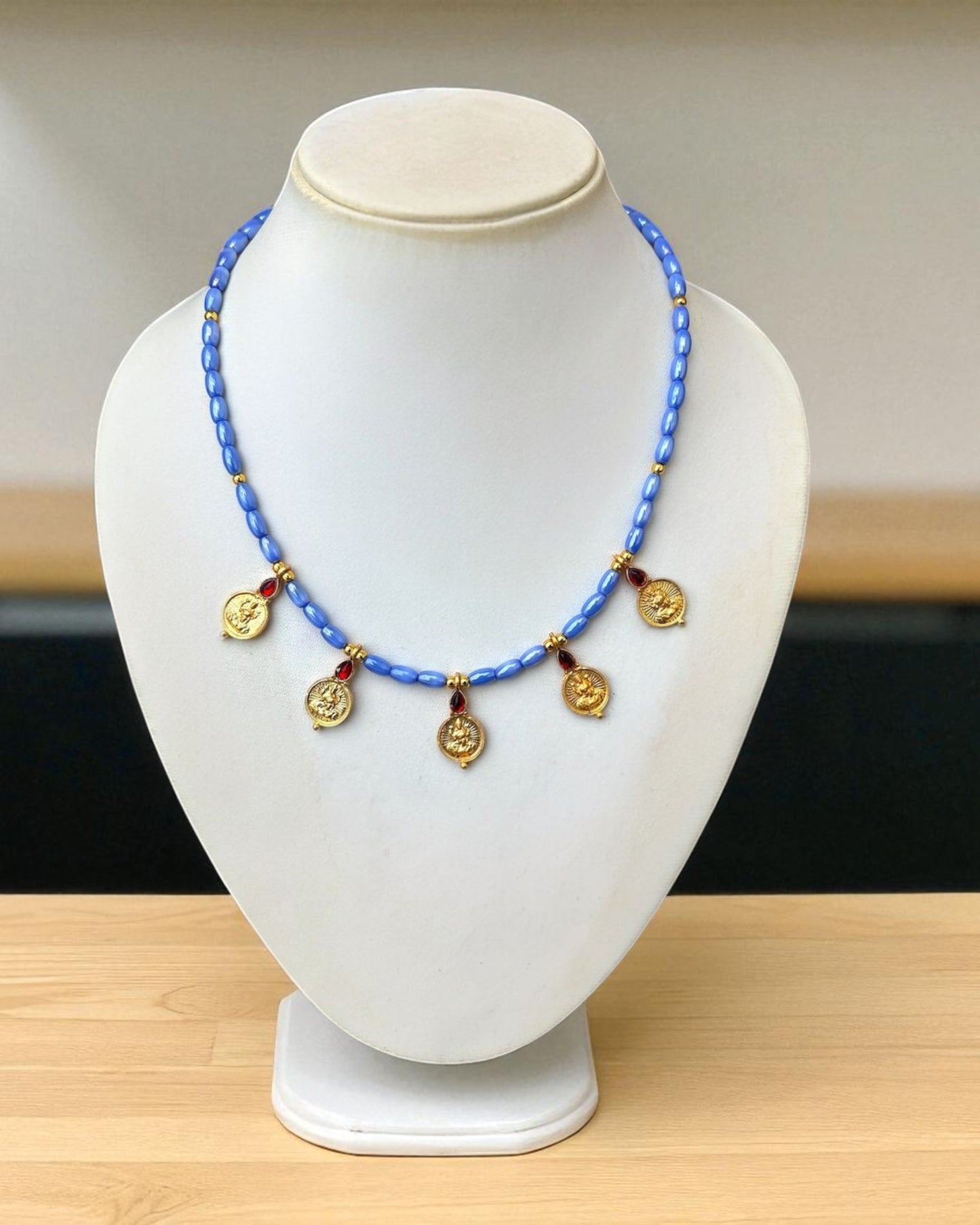 Blue Beaded Necklace with Gold Coin Charms – Handmade Lightweight Jewelry for Women, Traditional & Boho Style